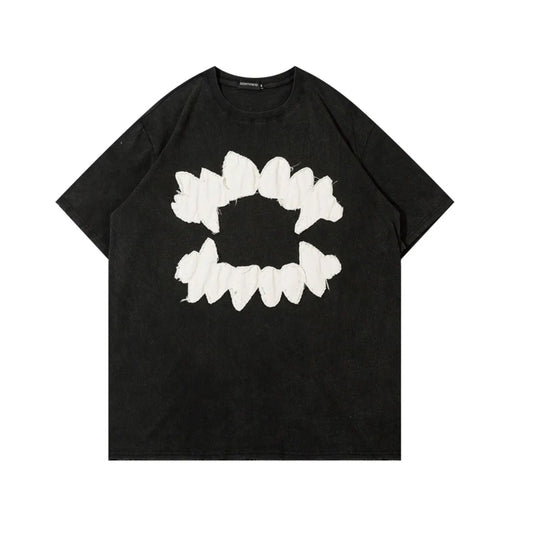 Embroidered Vampire Teeth T-Shirt | Grunge Oversized Tshirt | Unisex Black Tees | H0NEYBEAR