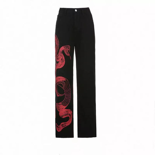 Red Snake Print Black Pants