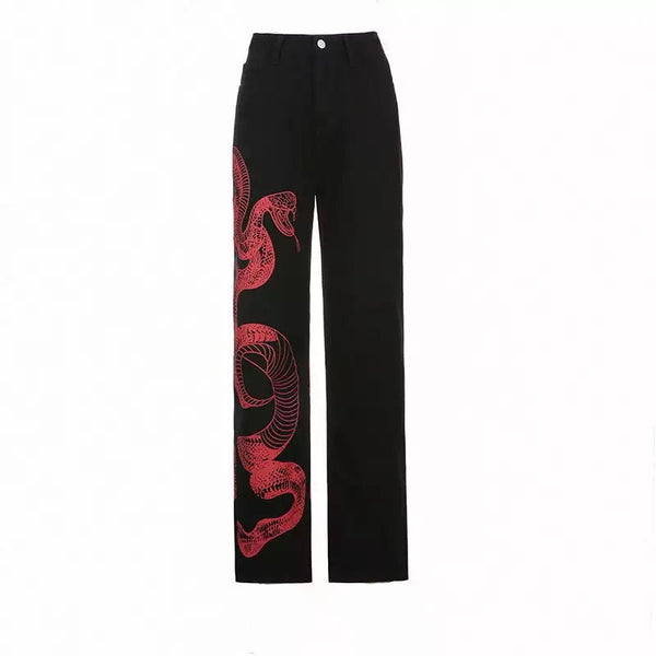 Red Snake Print Black Pants | h0neybear