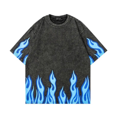 Blue Flames T-Shirt | Y2K Fire Tees | Oversized Unisex Clothing | H0NEYBEAR