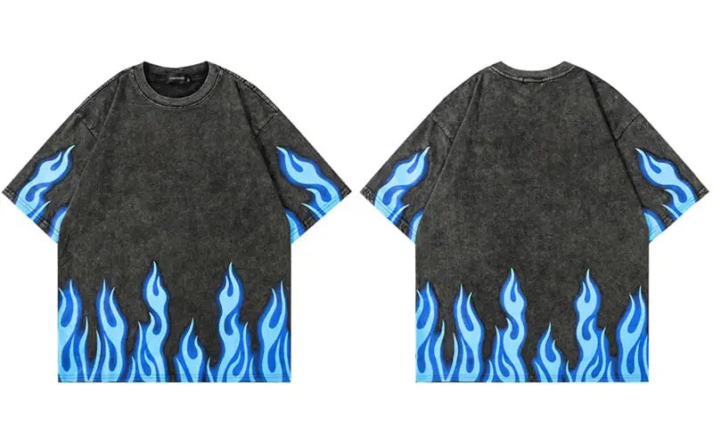 Blue Flames T-Shirt | Y2K Fire Tees | Oversized Unisex Clothing | H0NEYBEAR