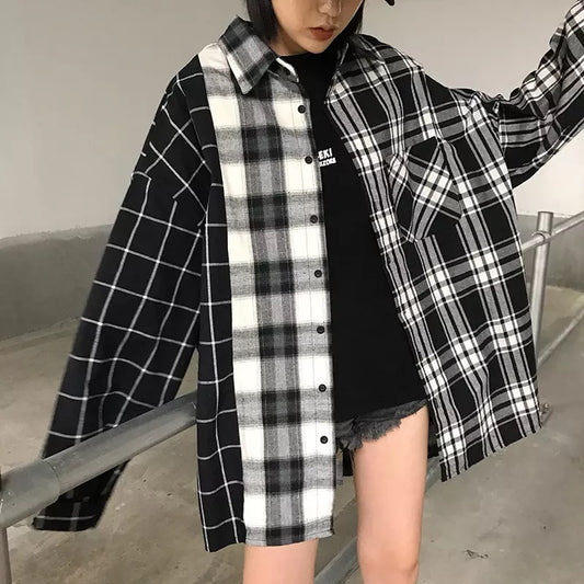 Girl wearing our oversized plaid shirt
